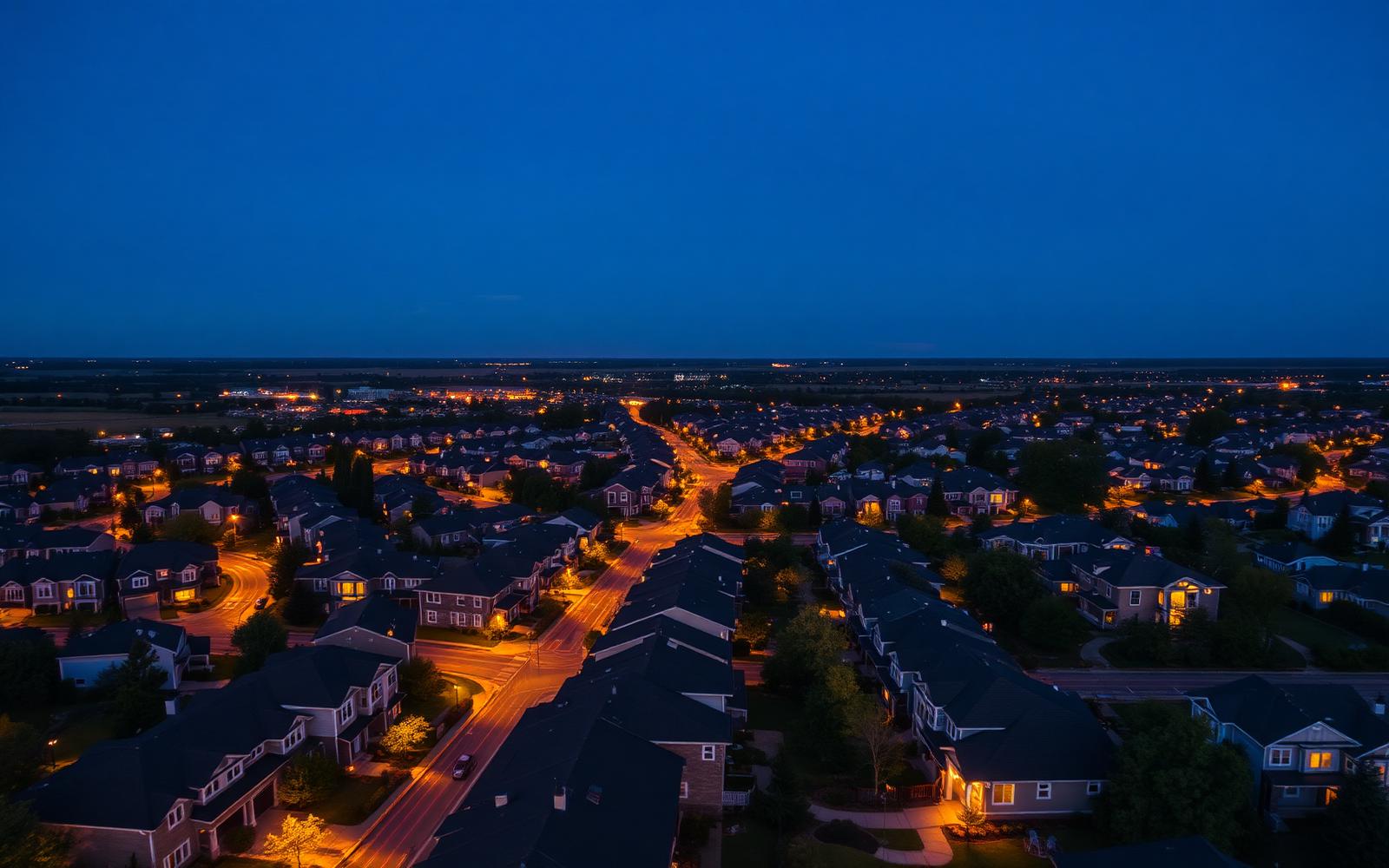 Aerial view of a residential community at twilight